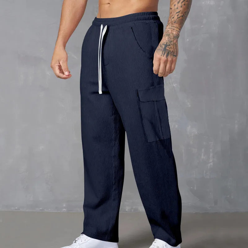 Men's straight-leg corduroy trousers with adjustable waist in navy blue colour