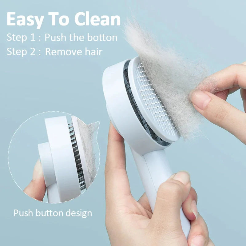 Self-cleaning pet grooming brush for dogs and cats with one-touch cleaning button