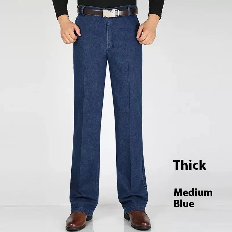 Men's high waist loose fit blue jeans on a hanger showing zip fly and casual style.