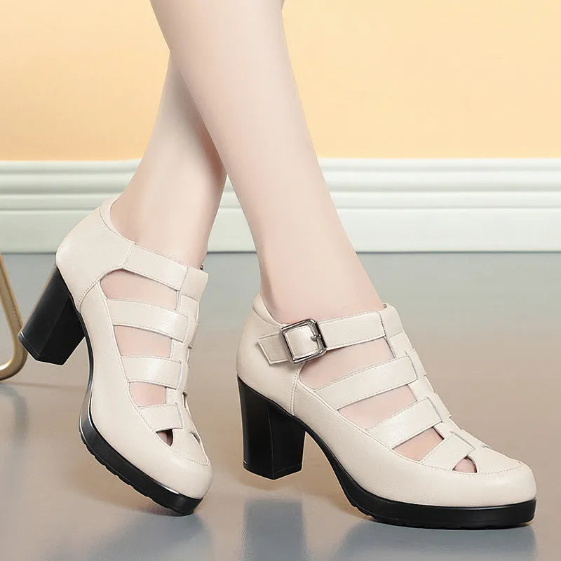 Women's closed toe sandals with chunky heel, woven hollowed pattern and ankle-strap buckle in beige colour