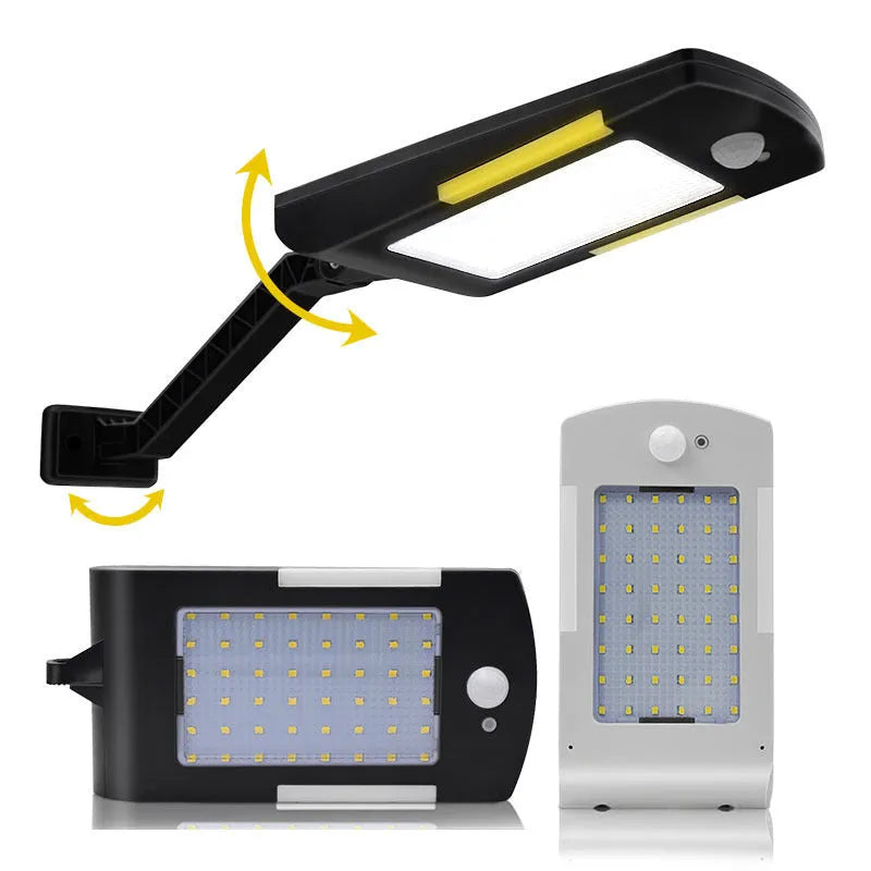 Solar-powered outdoor garden light with human body sensor, IP65 rainproof rating, 48+6 LED configuration, 3.7V 2000mAH lithium battery, available in black or white with wall mount or adjustable pole options for pathway and security lighting