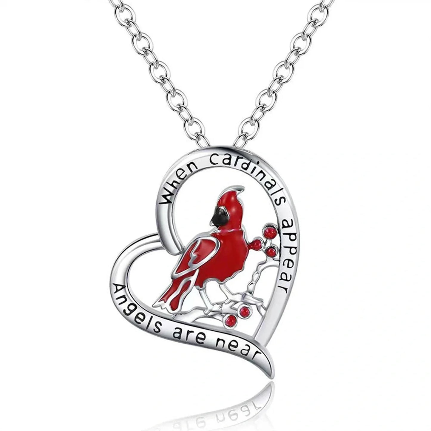 Elegant heart-shaped cardinal pendant necklace perfect for anniversaries and Valentine's Day gifts.