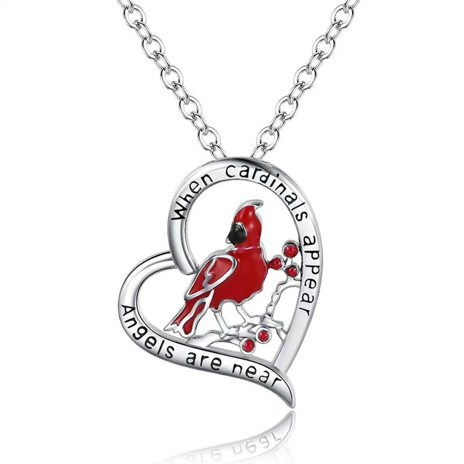 Elegant heart-shaped cardinal pendant necklace perfect for anniversaries and Valentine's Day gifts.