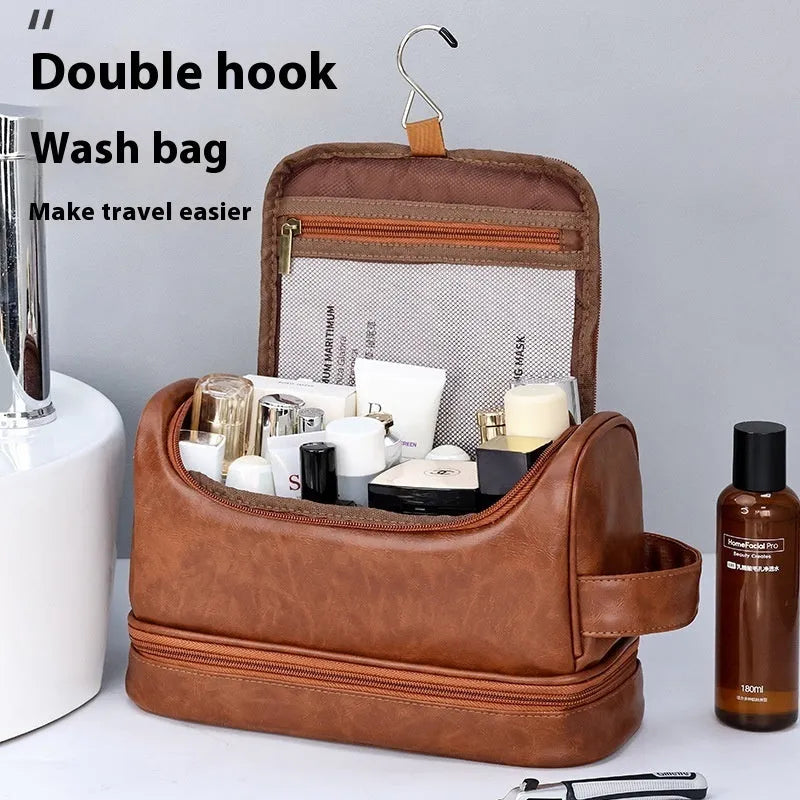PU leather cosmetics storage bag with hook in black, brown or dark brown, simple modern travel wash bag