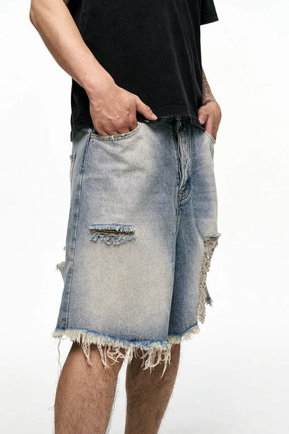 Men's light blue denim shorts with a baggy wide-leg and retro washed finish