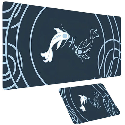 Large anime fish design mouse pad, rubber base, cloth surface, sizes 600x300x2mm to 1000x500x3mm, non-slip for desks