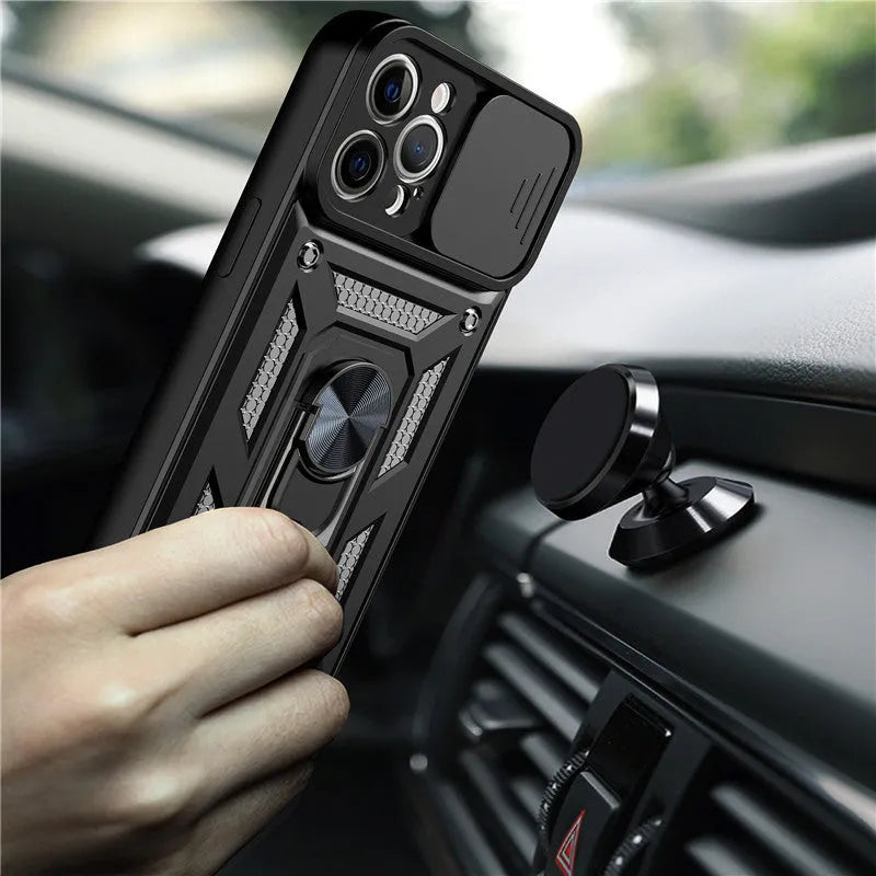 Sergeant sliding window magnetic phone case for iPhone in black, showing the integrated stand extended.