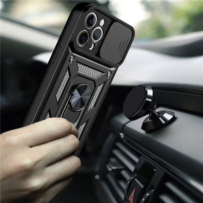 Sergeant sliding window magnetic phone case for iPhone in black, showing the integrated stand extended.