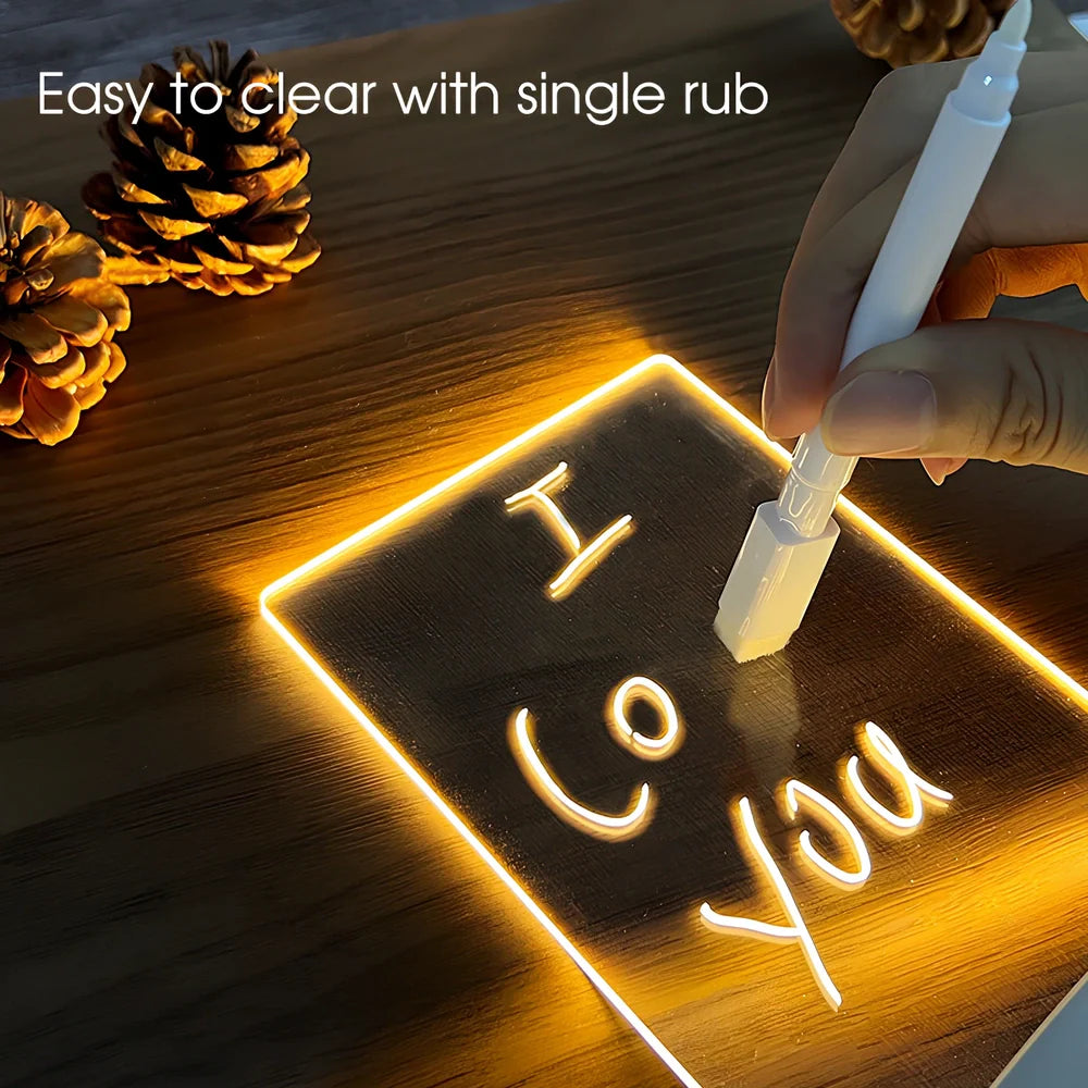 Transparent luminous acrylic desktop tablet with USB warm yellow light, 193mm x 100mm size, includes pen for writing