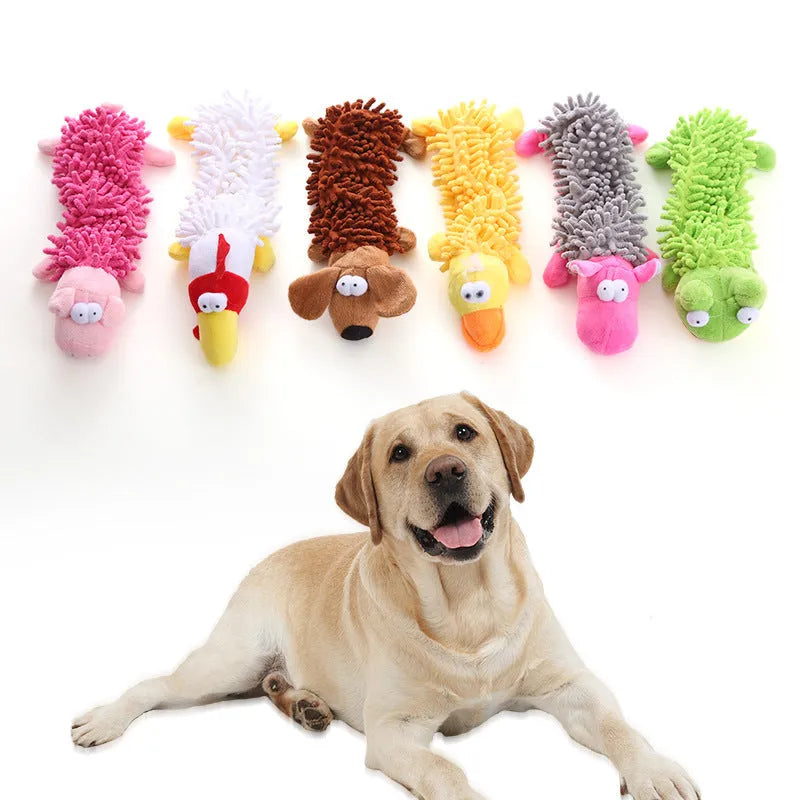 Plush horse molar dog toy in various animal colour designs including brown dog and yellow duck.