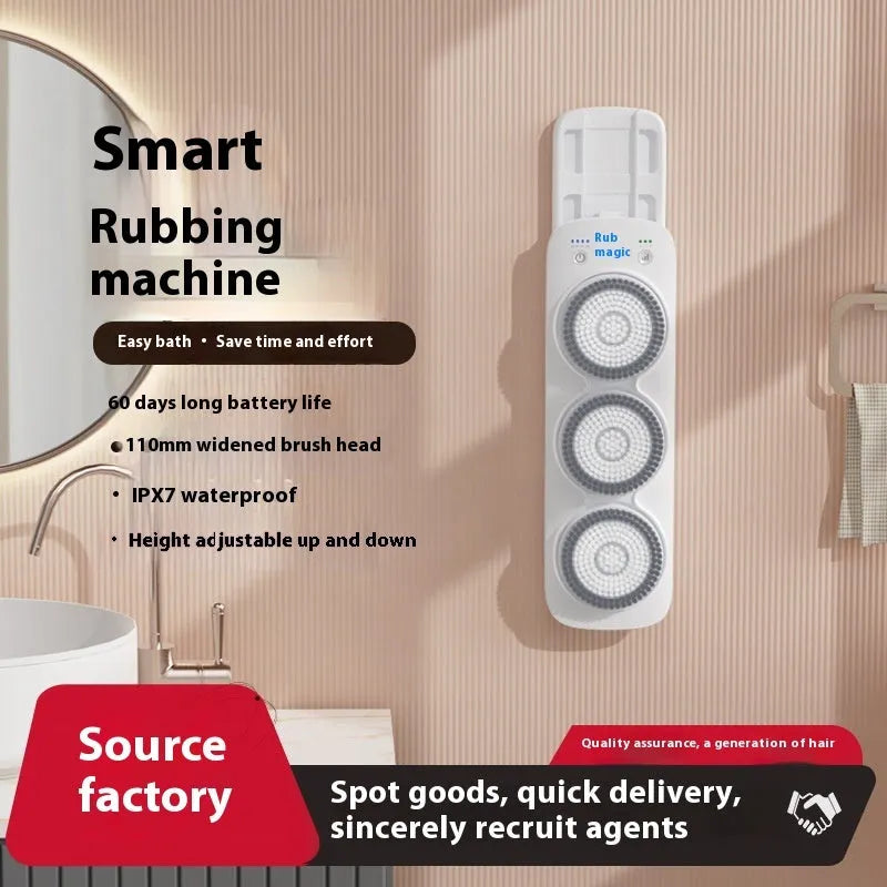 Grey wall-mounted electric bath rubbing machine with rub back plate, three nylon brush heads and charger