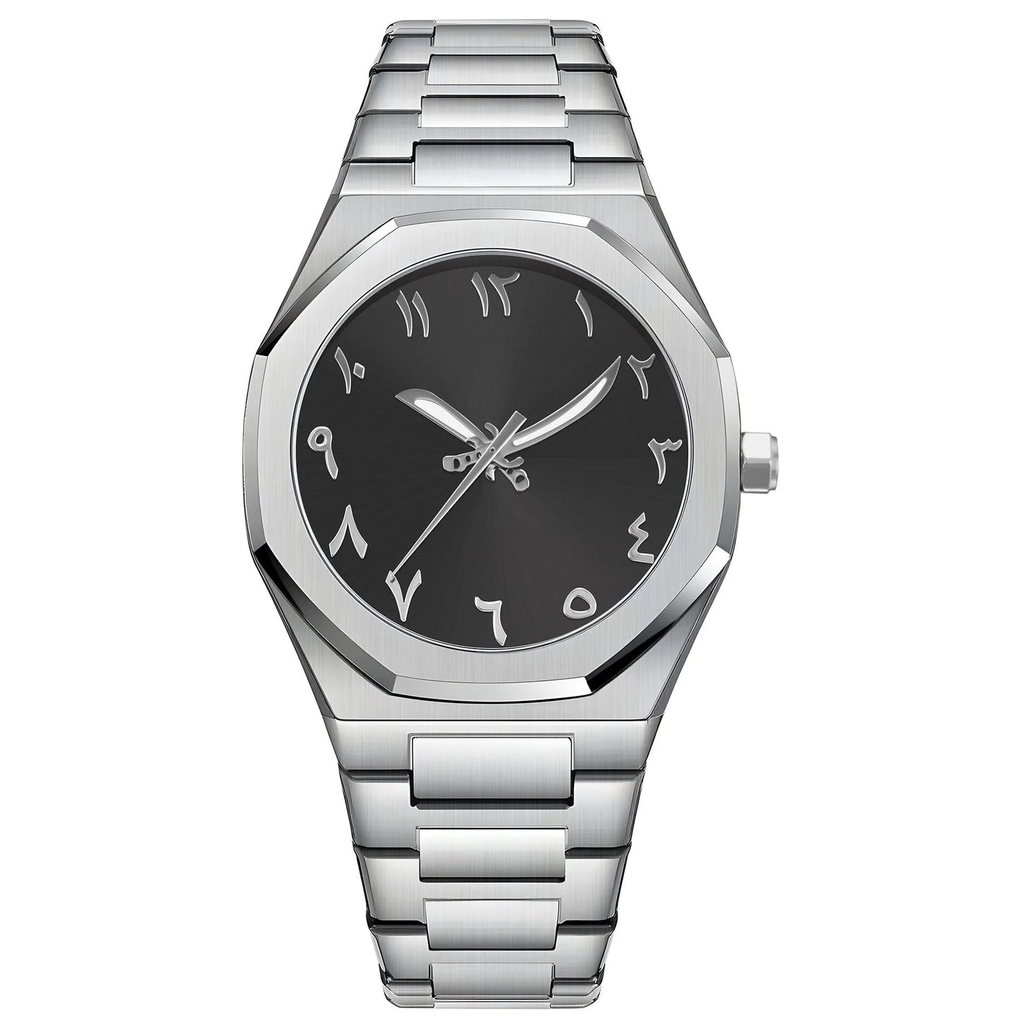 Men's business casual steel belt quartz watch showing 10mm profile and black silver colour option.