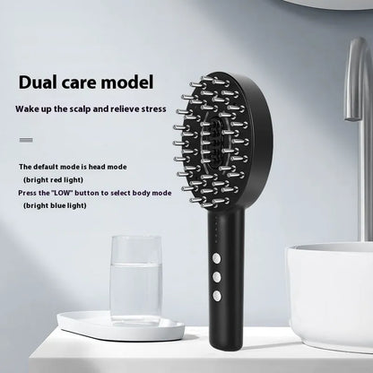 Handheld KD3802 black scalp massager with vibrating application nodes and USB charging cable on a white background.