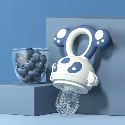 Dual-purpose baby food feeder in blue and red for safe fruit and vegetable introduction