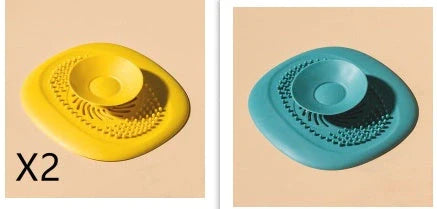 TPR vortex design sink drain cover in twilight orange, quiet blue, mango yellow, and gentian green