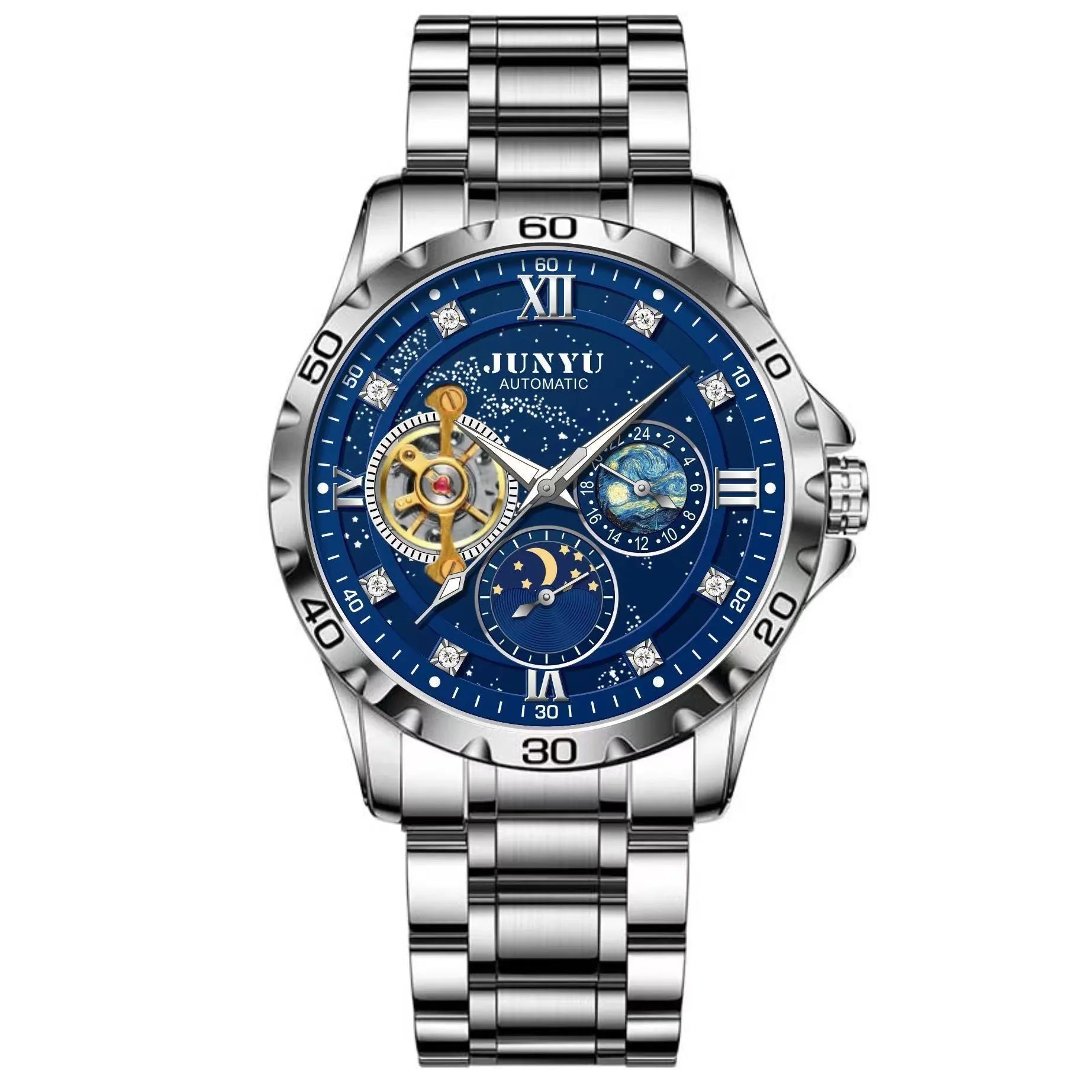 Men's automatic mechanical watch with luminous hands on starry sky dial in rose gold case