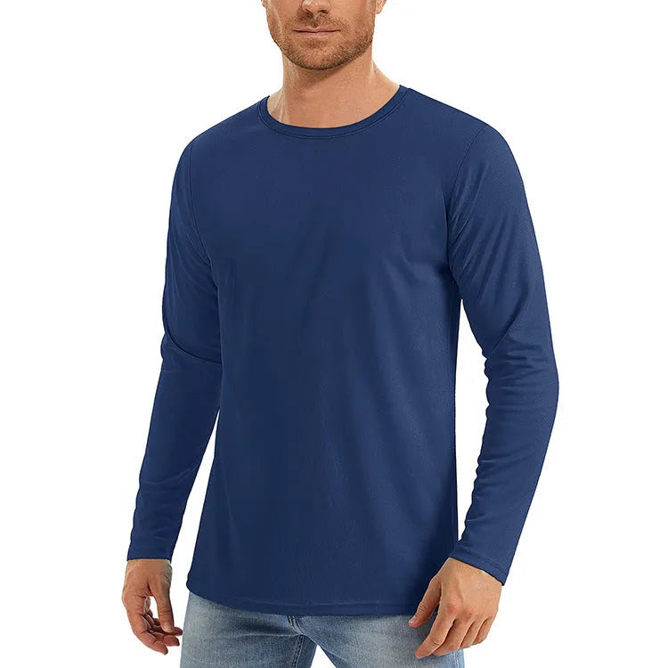 Men's long sleeve UV protection shirt in polyester fabric available in six solid colours with quick-dry properties