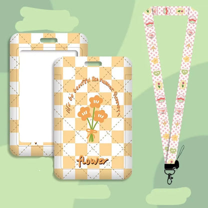 Student ID card set with plastic sleeve and neck strap in cartoon designs