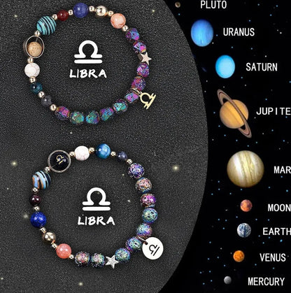 Adjustable natural stone zodiac beaded bracelet showing twelve different sign styles with 8mm beads