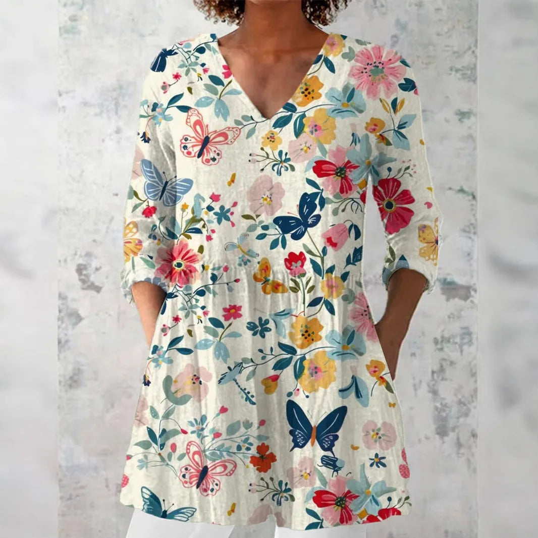 Women's retro slim fit long-sleeved top with digital printed pattern in various colours, showing front view