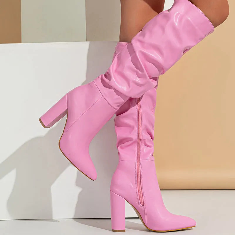 Women's pointed toe high heel boots with side zipper in white and pink colour options