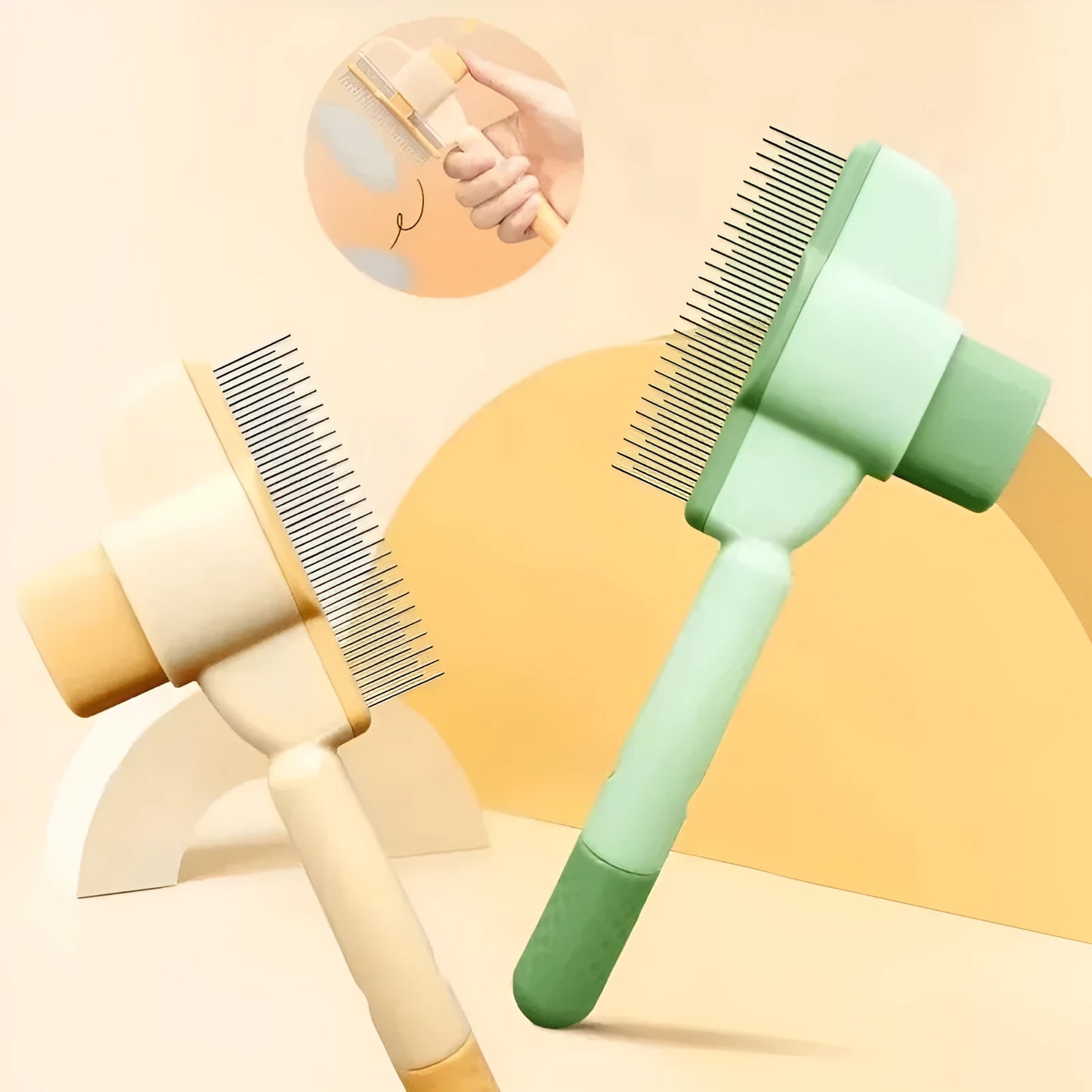 Green pet grooming brush with detachable hair collection tray and soft silicone handle