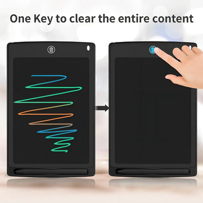 8.5-inch LCD writing board with stylus showing pressure-sensitive writing on blue background