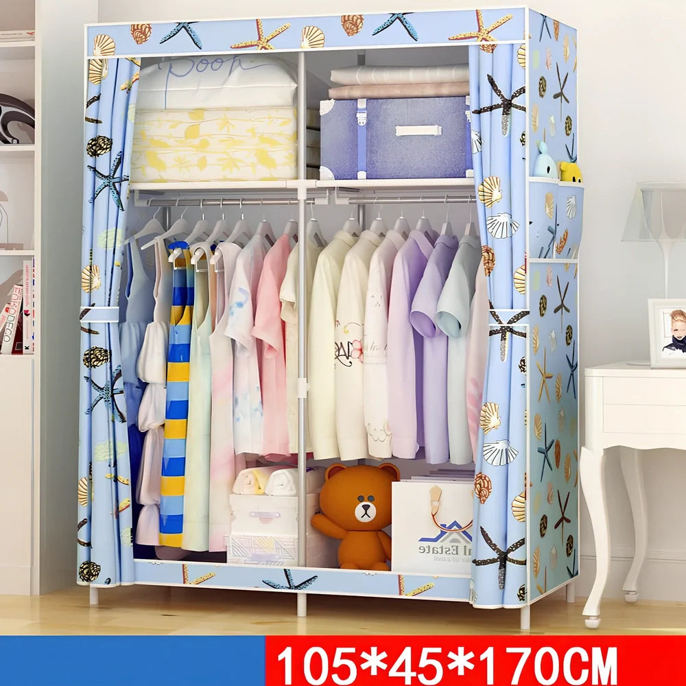 Single dormitory wardrobe with steel frame and fabric enclosure measuring 70×45×150cm