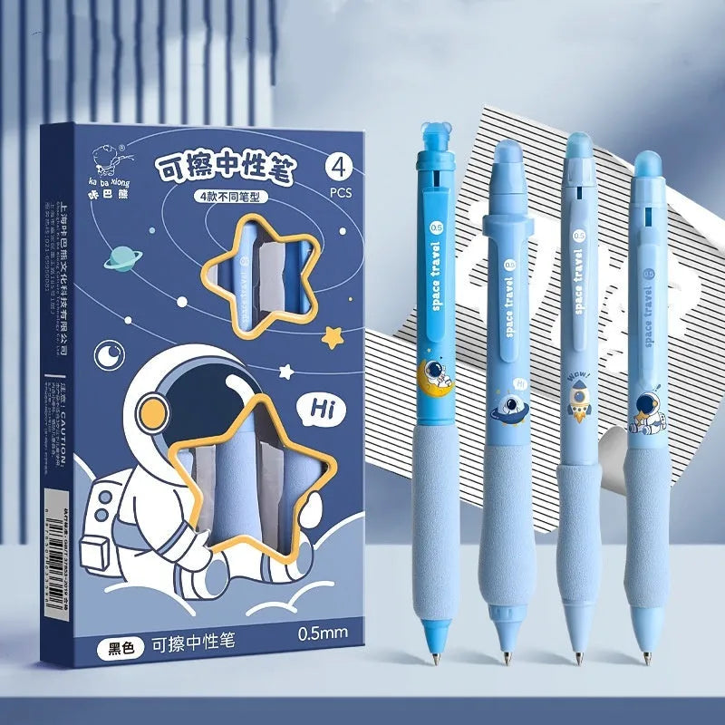Cartoon-themed erasable gel pen with 0.5mm tip and press-action button.