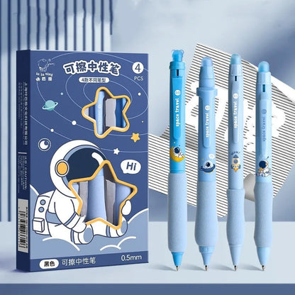 Cartoon-themed erasable gel pen with 0.5mm tip and press-action button.