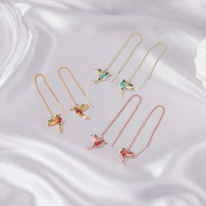 Hummingbird drop earrings with crystal pendant in rose gold, imitation gold, and anti-gold colors