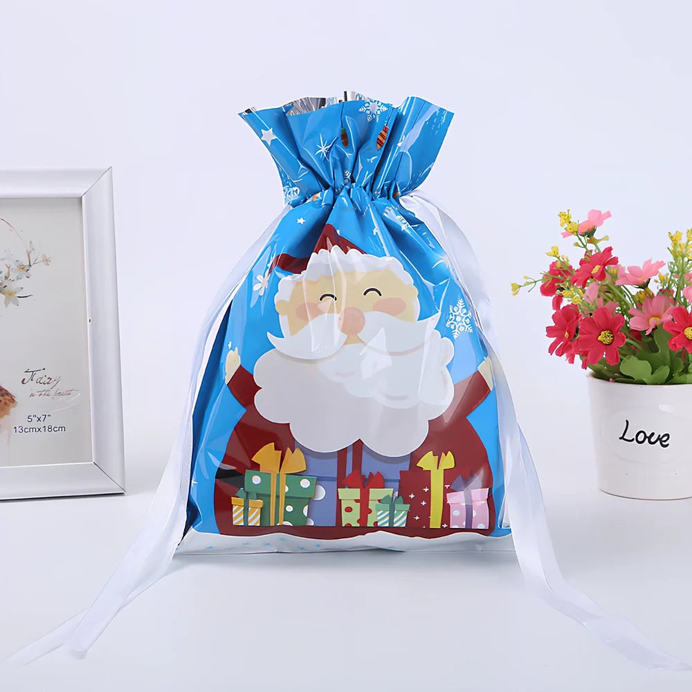 Christmas gift bag with drawstring closure in laser gold finish, 32x24cm dimensions