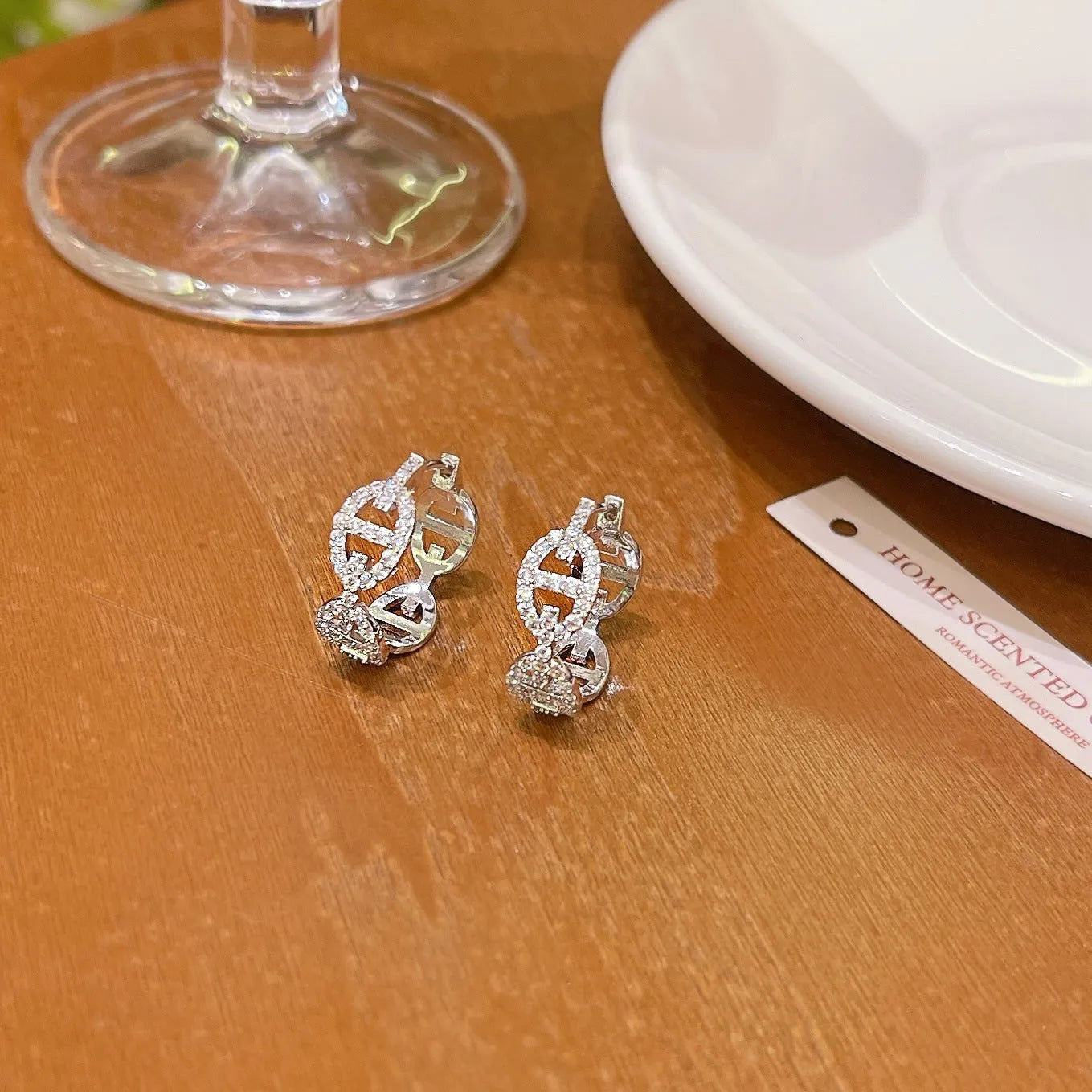 Ladies' diamond detail earrings with thick gold electroplating on copper in silver, gold, or rose gold finishes