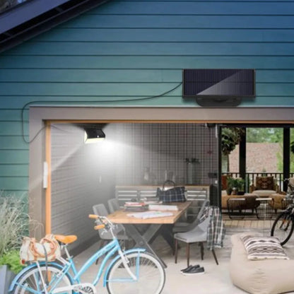 468 LED solar wall light with separate solar panel, IP65 waterproof, cold white, for outdoor courtyard and garden walls.