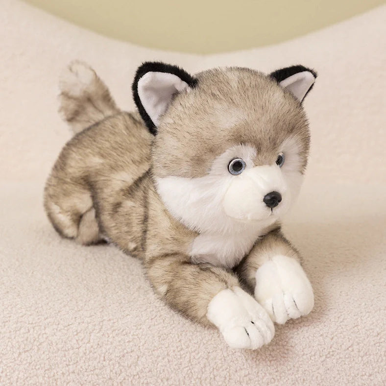 Brown Shiba Inu plush doll in lying position showing super soft short plush texture and natural posture simulation