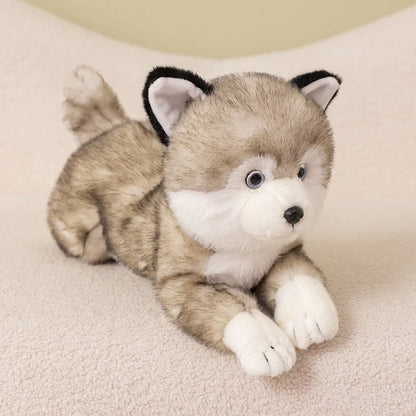 Brown Shiba Inu plush doll in lying position showing super soft short plush texture and natural posture simulation