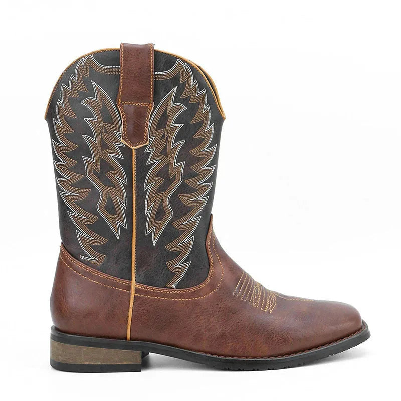 Men's black western denim square toe motorcycle boots with low wedge heel and embroidery detail.