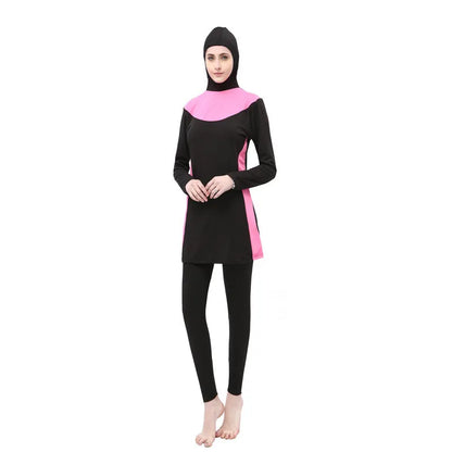 Conservative black women's swimsuit with long sleeves, a hood, and rose red panels.