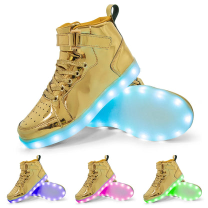 LED light-up high-top sneakers with Velcro strap in multiple colours on a dark background.