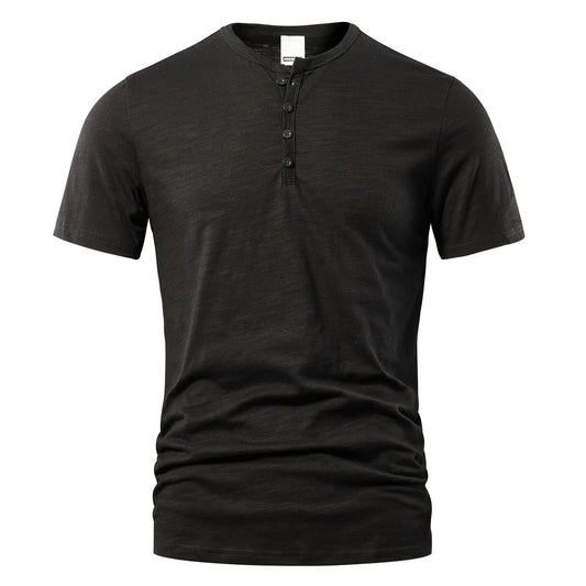 Men's slub cotton short sleeve t-shirt in denim blue colour showing British-style design and textured fabric