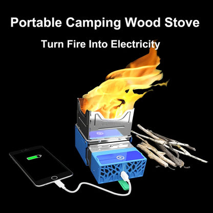 Light blue portable wood-burning camping stove with one-piece furnace body for outdoor cooking