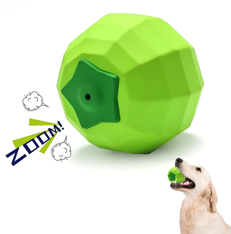 Natural rubber dog squeaky toy for aggressive chewers: 90x86x80mm ball with built-in squeaker and beef flavour, designed for medium to large breed teeth cleaning and interactive play