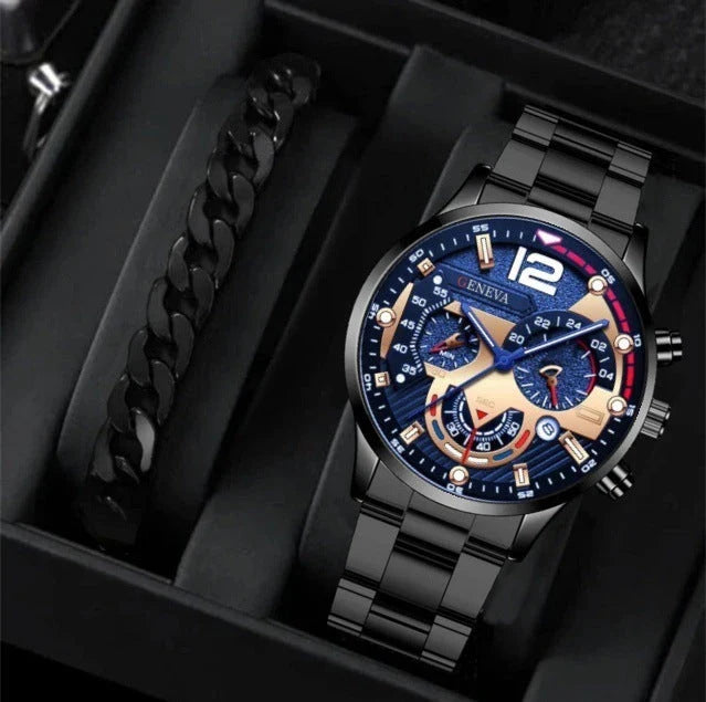 Men's stainless steel watch and coordinating bracelet set in various color options