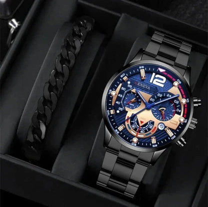 Men's stainless steel watch and coordinating bracelet set in various color options