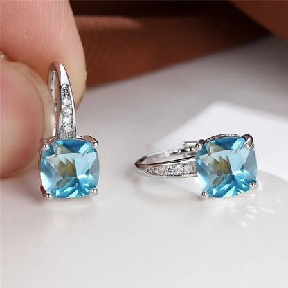 Square zircon inlaid ear hook earrings with geometric design and electroplated finish in golden tone