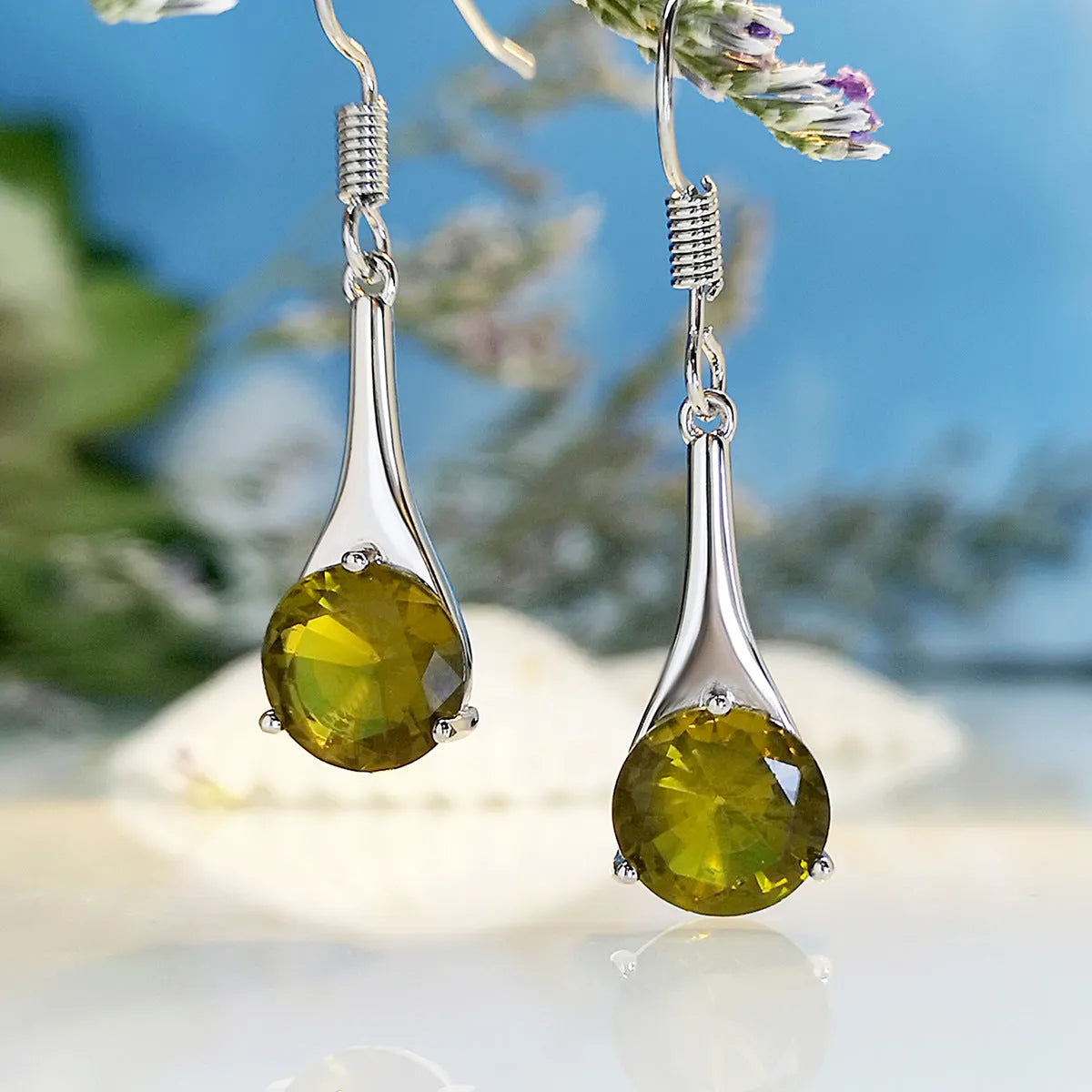 Olive green topaz earrings with water drop shape measuring 2.5 cm, electroplated alloy construction