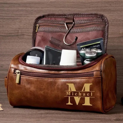 Men's leather-look PU toiletry bag shown in black, brown, dark brown, and light brown colour options.