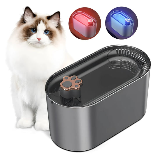 Berlin blue automatic pet water fountain on a floor, showing water flowing and LED indicator light.