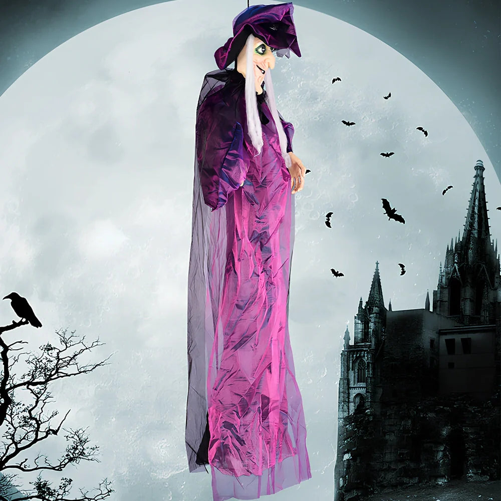 Voice-activated Halloween witch decoration with motion-sensing technology in black or purple colour options