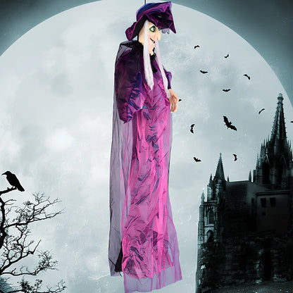 Voice-activated Halloween witch decoration with motion-sensing technology in black or purple colour options